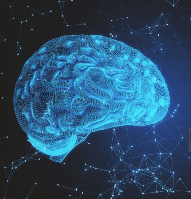 Cerebro azul sobre fondo de conexión.